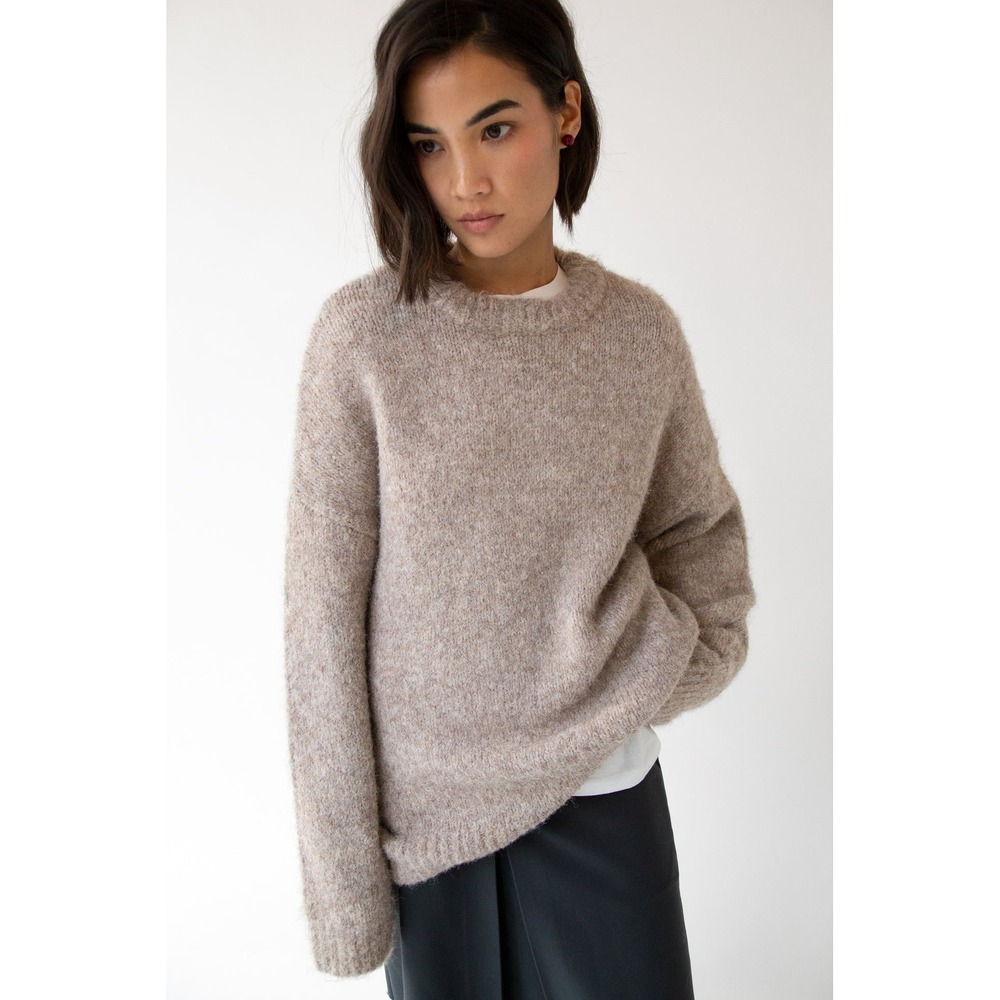OAK + FORT Womens Oversized Marled Knit Crewneck Sweater Beige Tan L XL